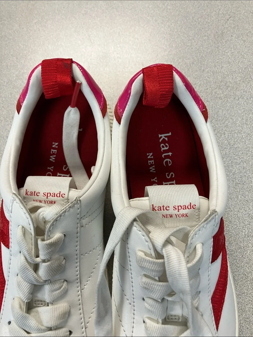 kate spade White Leather Sneakers with Red Side Stripe and Pink Heel Tab